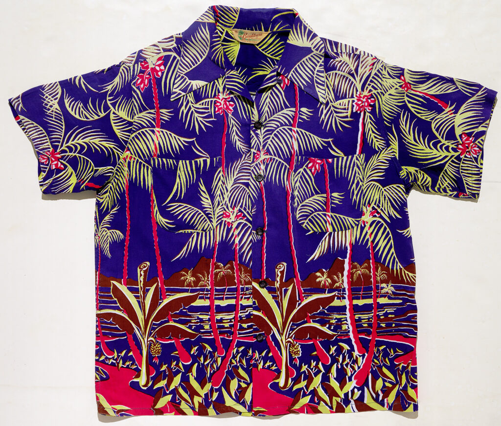 Aloha shirt (front) depicting Tahitian landscape with lagoon and palm trees
