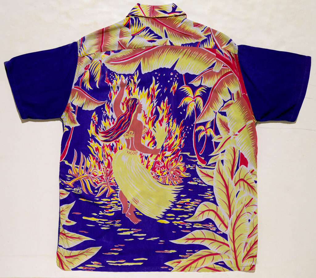 Aloha shirt (back) depicting a Tahitian woman dancing in front of a fire